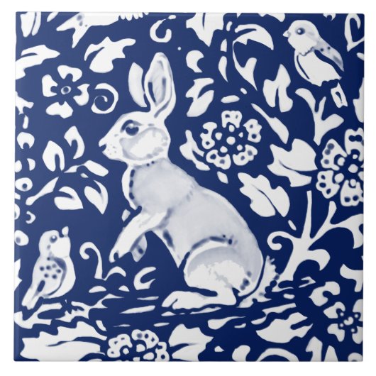 Cobalt Navy Blue Rabbit Bird Dedham Delft Morris Tegeltje (Voorkant)