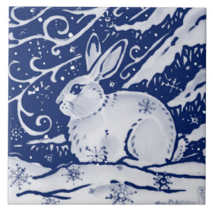 Cobalt Navy Blue Rabbit Winter Sneeuwscene Dedham Tegeltje