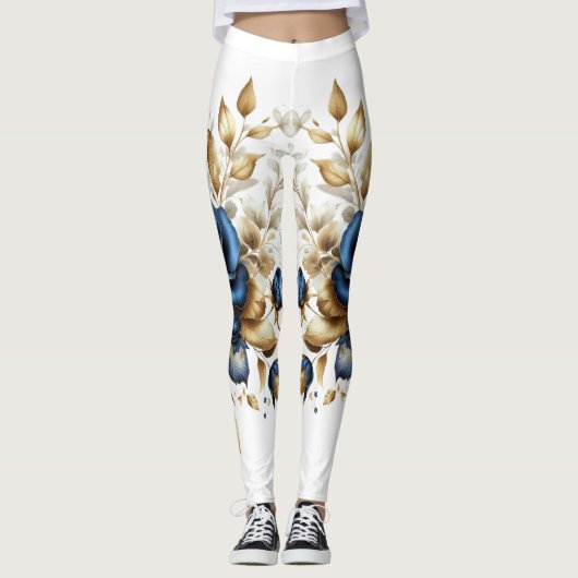 Cobalt White Flowers Leggings (Voorkant)