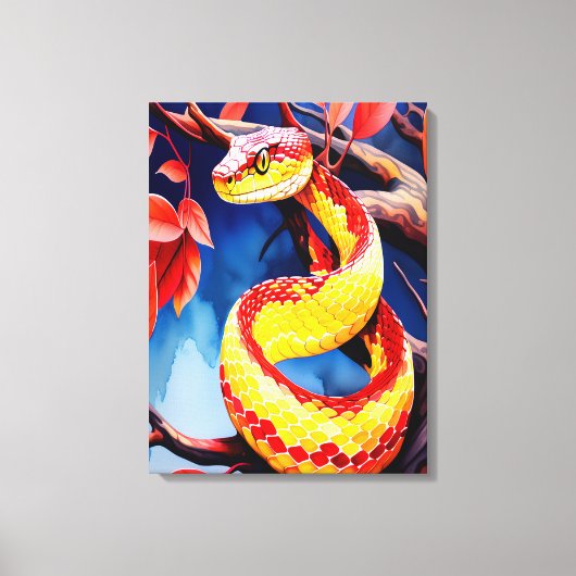 Cobra met levendige rode en gele schubben in boom canvas afdruk (Voorkant)