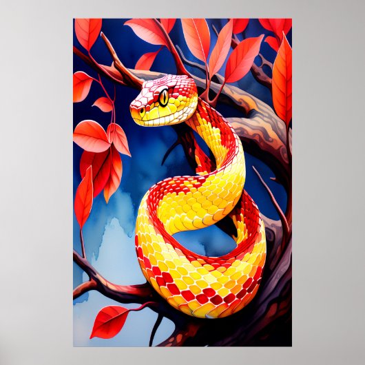 Cobra met levendige rode en gele schubben in boom poster (Voorkant)