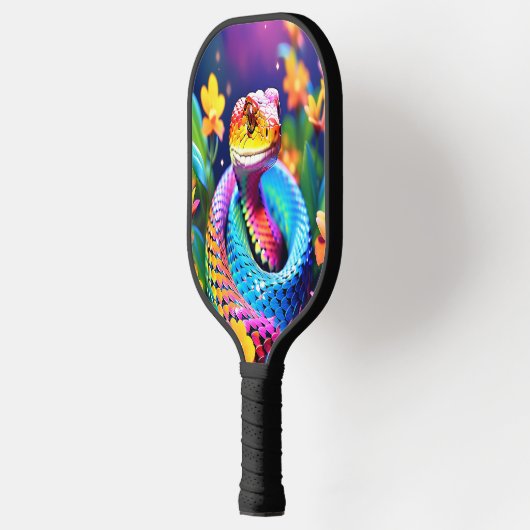 Cobra slang met levendige turquoise roze en geel pickleball paddle (Links)