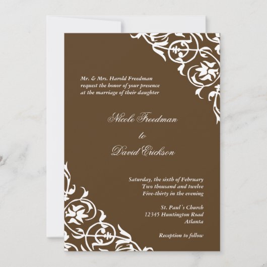 Coca brown scroll script elegant bruiloft kaart (Voorkant)