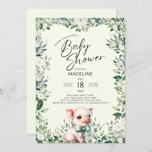 Cochon avec Bow Baby shower de verdure Invitation (Devant / Derrière)