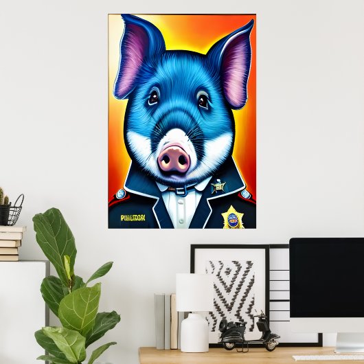 Cochon bleu en uniforme de police | AI Art Poster (Bureau à domicile)