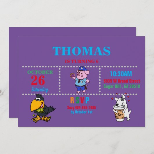 Cochon, Corbeau, Chien Amusant Invitation (Devant / Derrière)