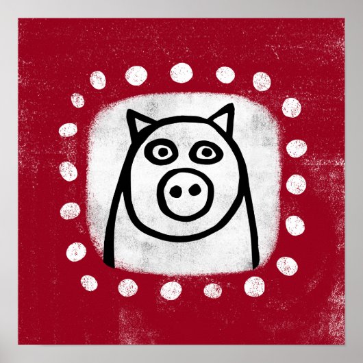 Cochon Drôle Sur Poster Rouge Mur Art (Devant)