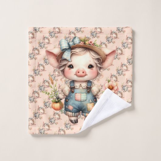 Cochon fermier mignon dans les salons avec fleurs (Gant de toilette)