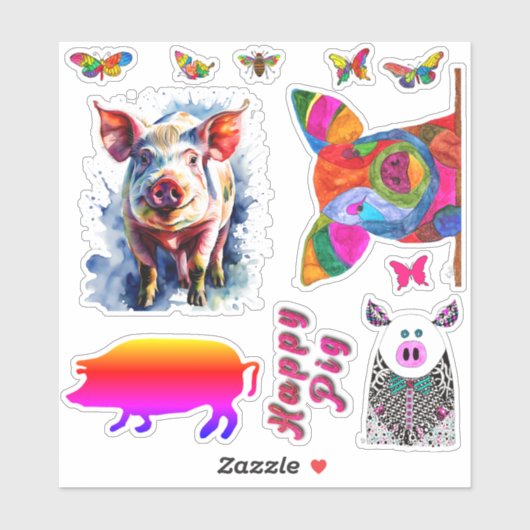 Cochons et papillons mignons et drôles Stickers de (Feuille)