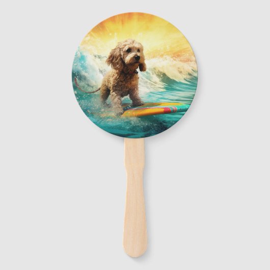 Cockapoo Beach Surfen Schilderij Handwaaier (Voorkant)