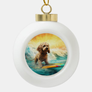 Cockapoo Beach Surfen Schilderij Keramische Bal Ornament
