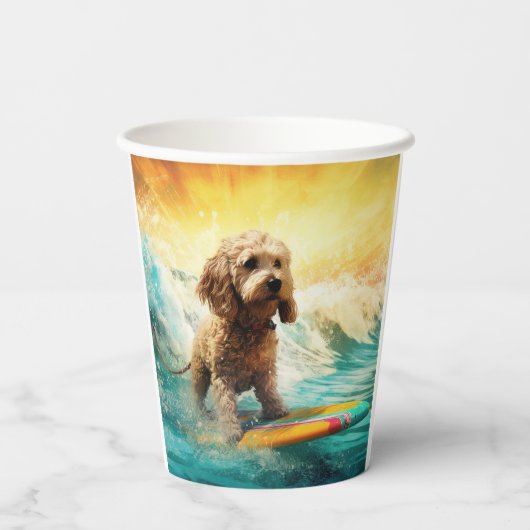 Cockapoo Beach Surfen Schilderij Papieren Bekers (Achterkant)
