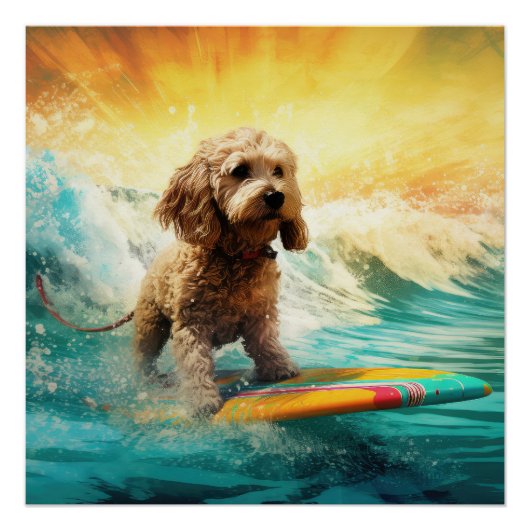 Cockapoo Beach Surfen Schilderij Perfect Poster (Voorkant)