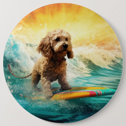 Cockapoo Beach Surfen Schilderij Ronde Button 6,0 Cm (Voorkant)