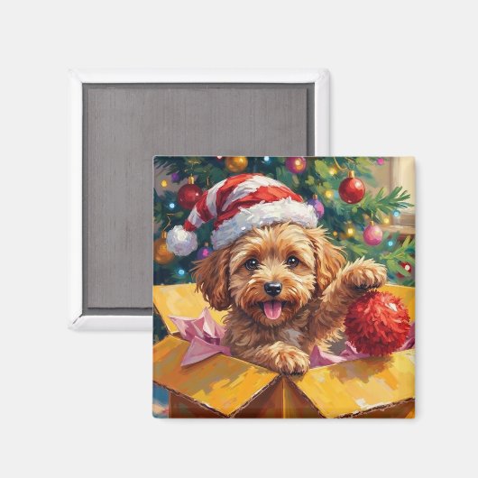 Cockapoo Dog Christmas Gift Box Surprise Magneet (Voorkant / Achterkant)