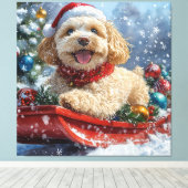 Cockapoo Dog in Sledge Laat het Sneeuw Kerstmis Canvas Afdruk (Insitu (Houten vloer))