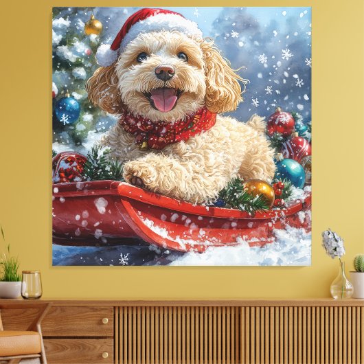 Cockapoo Dog in Sledge Laat het Sneeuw Kerstmis Canvas Afdruk (Insitu (Woonkamer))