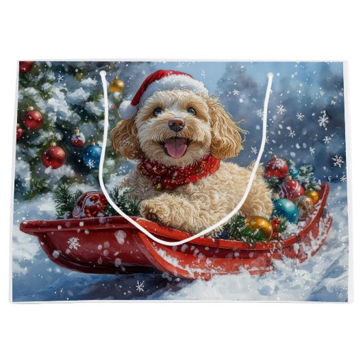 Cockapoo Dog in Sledge Laat het Sneeuw Kerstmis Groot Cadeauzakje (Voorkant)