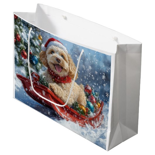 Cockapoo Dog in Sledge Laat het Sneeuw Kerstmis Groot Cadeauzakje (Voorkant Gekanteld)