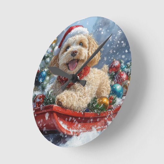 Cockapoo Dog in Sledge Laat het Sneeuw Kerstmis Ronde Klok (Hoek)