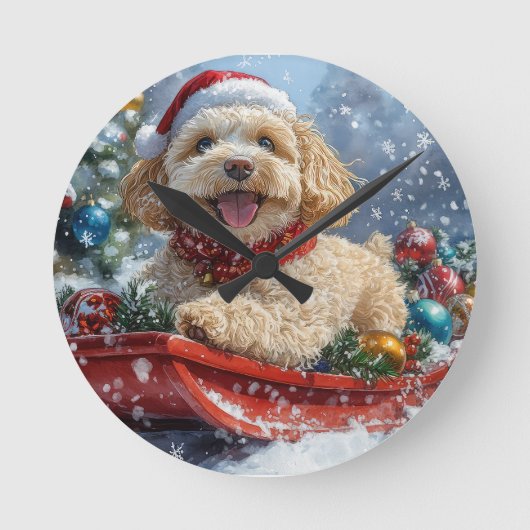 Cockapoo Dog in Sledge Laat het Sneeuw Kerstmis Ronde Klok (Voorkant)