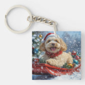 Cockapoo Dog in Sledge Laat het Sneeuw Kerstmis Sleutelhanger (Voorkant)