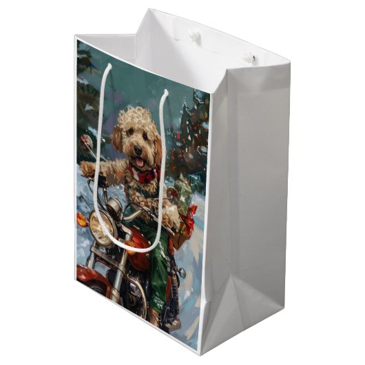 Cockapoo Dog Riding Motorfiets Kerstmis Medium Cadeauzakje (Voorkant Gekanteld)