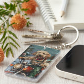 Cockapoo Dog Riding Motorfiets Kerstmis Sleutelhanger (Voorkant Rechts)