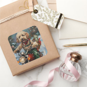 Cockapoo Dog Riding Motorfiets Kerstmis Vierkante Sticker