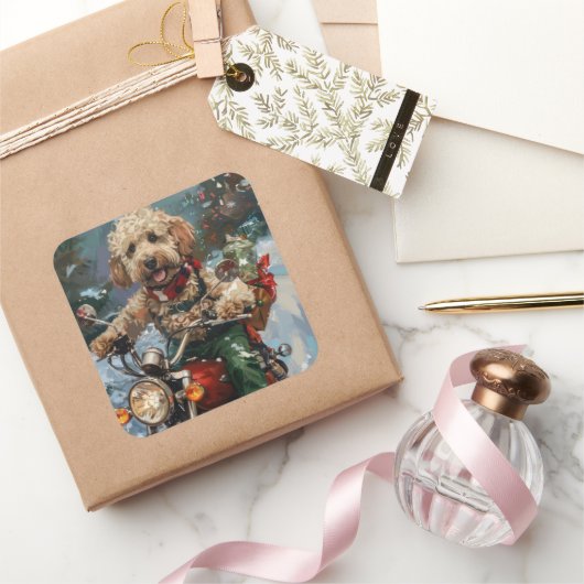 Cockapoo Dog Riding Motorfiets Kerstmis Vierkante Sticker (Geschenken)