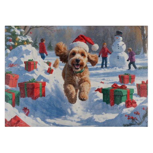 Cockapoo hardlopen in de sneeuw met kerst Pet Snijplank (Voorkant)