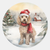 Cockapoo Hond in Sneeuw Kerstmis Ronde Sticker (Voorkant)