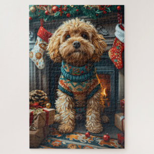 Cockapoo-hond met kerstcadeaus bij de open haard legpuzzel