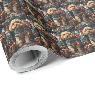 Cockapoo-hond met kerstcadeaus open haard cadeaupapier
