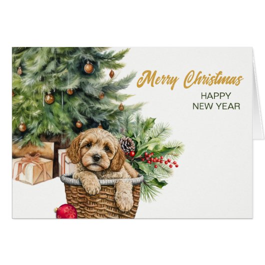 Cockapoo hond rieten mand kerst (Voorkant Horizontaal)