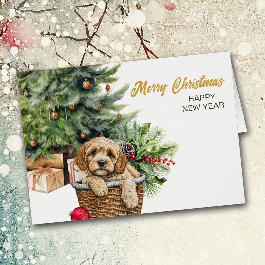 Cockapoo hond rieten mand kerst