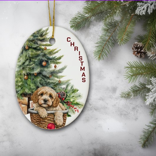 Cockapoo hond rieten mand kerst keramisch ornament