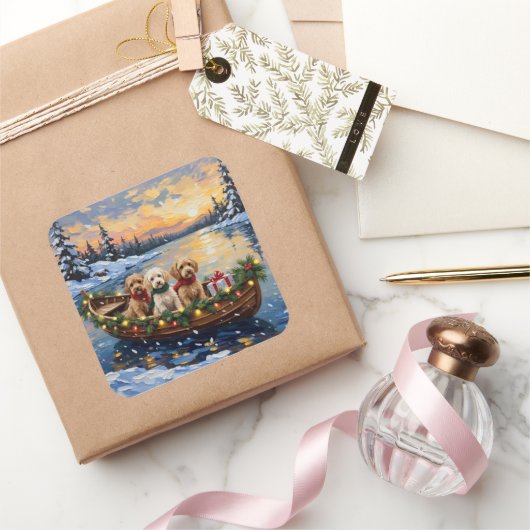 Cockapoo Kerstboot Vakantie Vierkante Sticker (Geschenken)