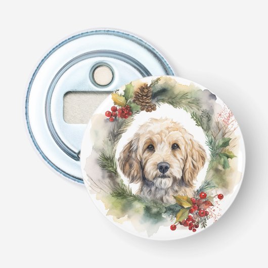 Cockapoo Kerstkrans feestelijke pup Button Flesopener (Voorkant)