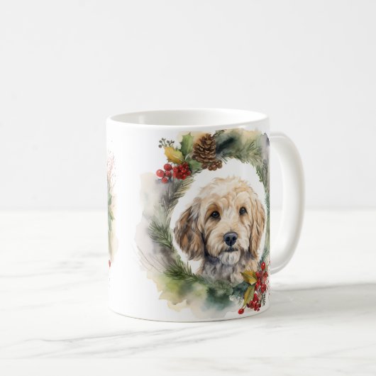 Cockapoo Kerstkrans feestelijke pup Koffiemok (Voorkant rechts)