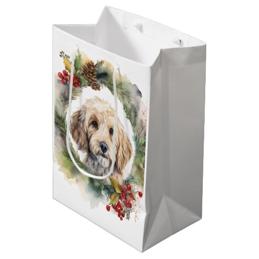 Cockapoo Kerstkrans feestelijke pup Medium Cadeauzakje (Voorkant Gekanteld)