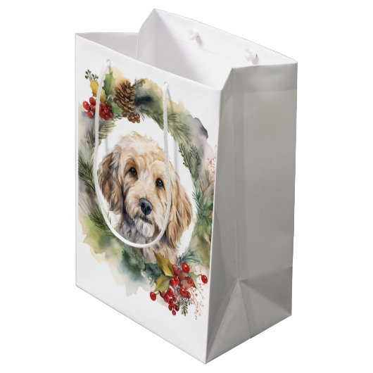 Cockapoo Kerstkrans feestelijke pup Medium Cadeauzakje (Achterkant Gekanteld)