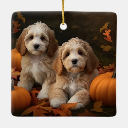Cockapoo Puppy Herfst Delight Pompoen Keramisch Ornament (Achterkant)