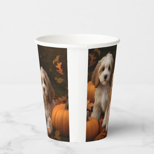 Cockapoo Puppy Herfst Delight Pompoen Papieren Bekers (Rechts)
