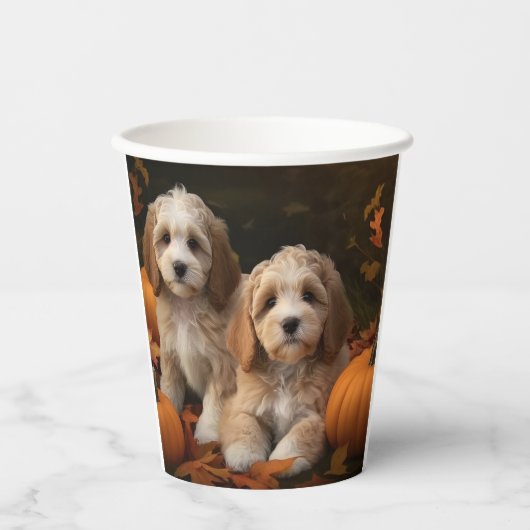 Cockapoo Puppy Herfst Delight Pompoen Papieren Bekers (Voorkant)