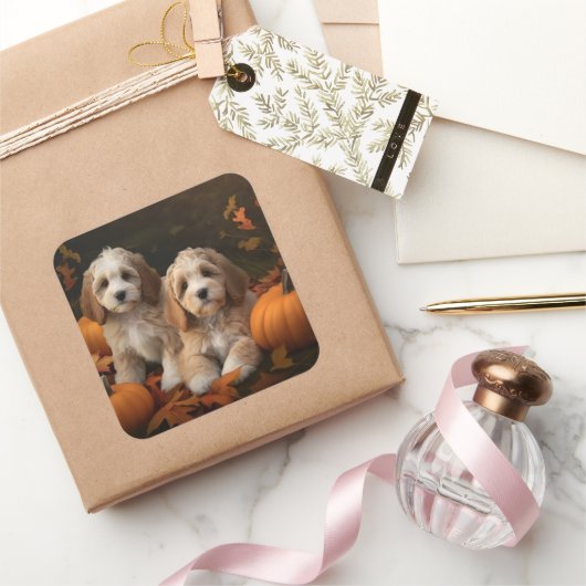 Cockapoo Puppy Herfst Delight Pompoen Vierkante Sticker (Geschenken)