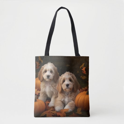 Cockapoo Puppy Herfst Plezier Pompoen Draagtas (Voorkant)