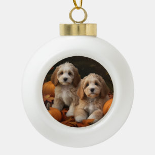 Cockapoo Puppy Herfst Plezier Pompoen Keramische Bal Ornament