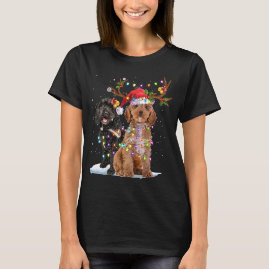 Cockapoo Reindeer Santa Hat Xmas licht kerstfeest T-shirt (Voorkant)