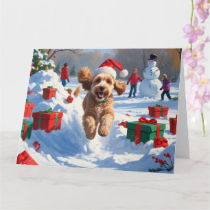 Cockapoo Rent in de Sneeuw met Kerstmuts Kaart